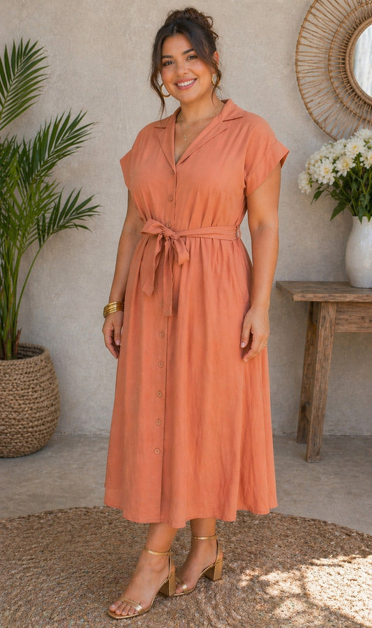 Curvy Coral Belted Midi Dress