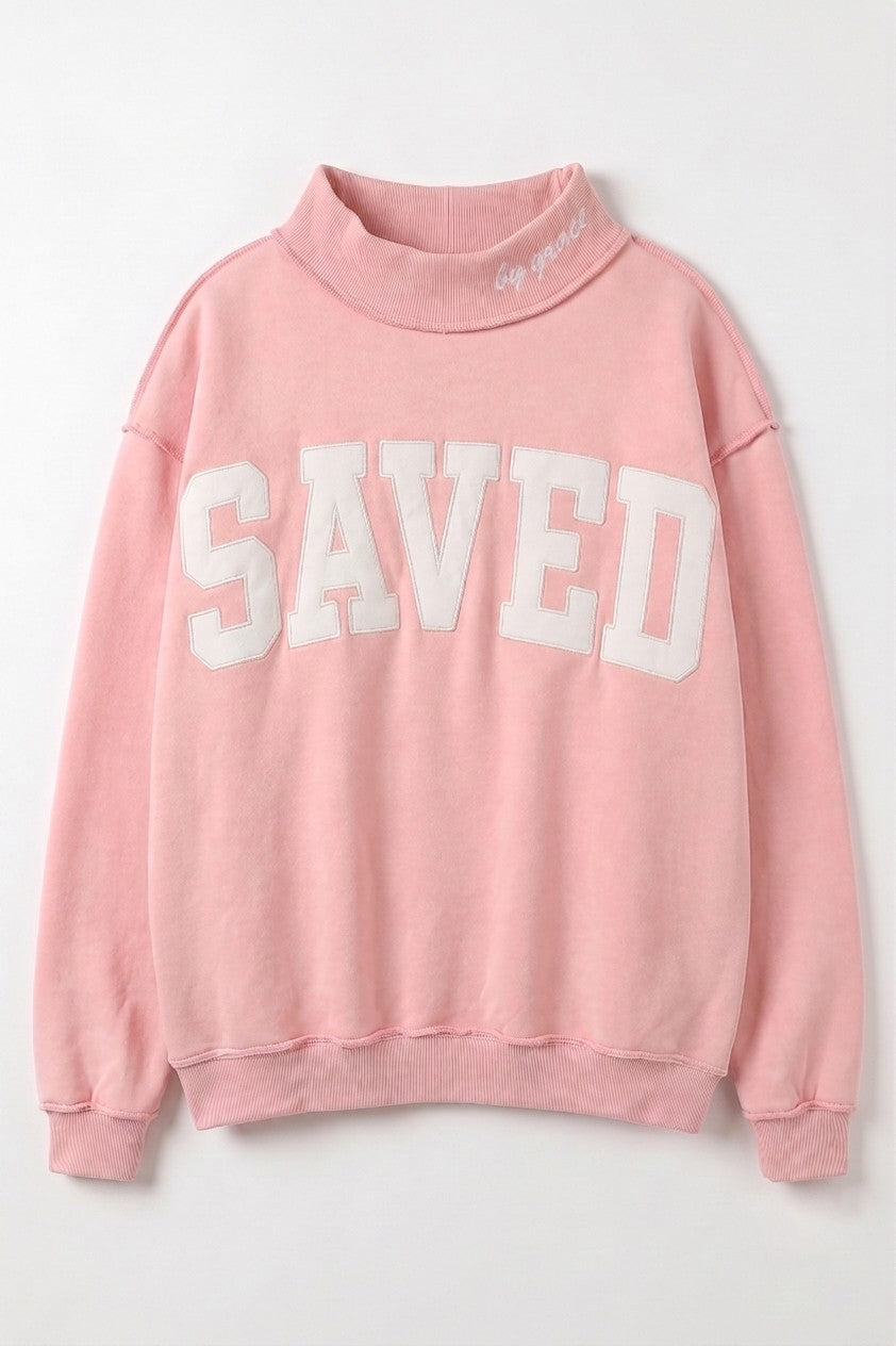 Embroidered "Saved" Mock Neck Sweatshirt