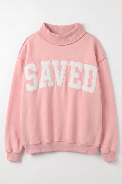 Embroidered "Saved" Mock Neck Sweatshirt