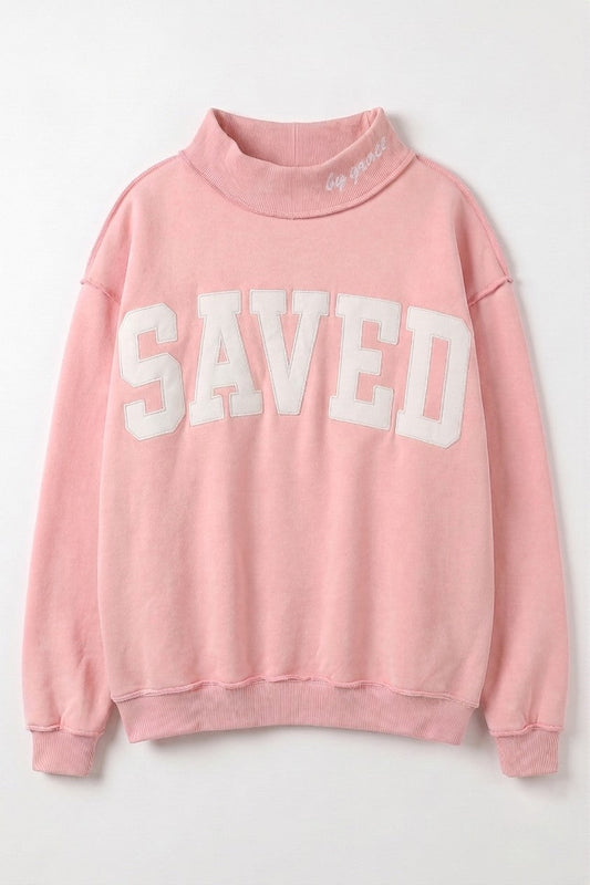 Embroidered "Saved" Mock Neck Sweatshirt