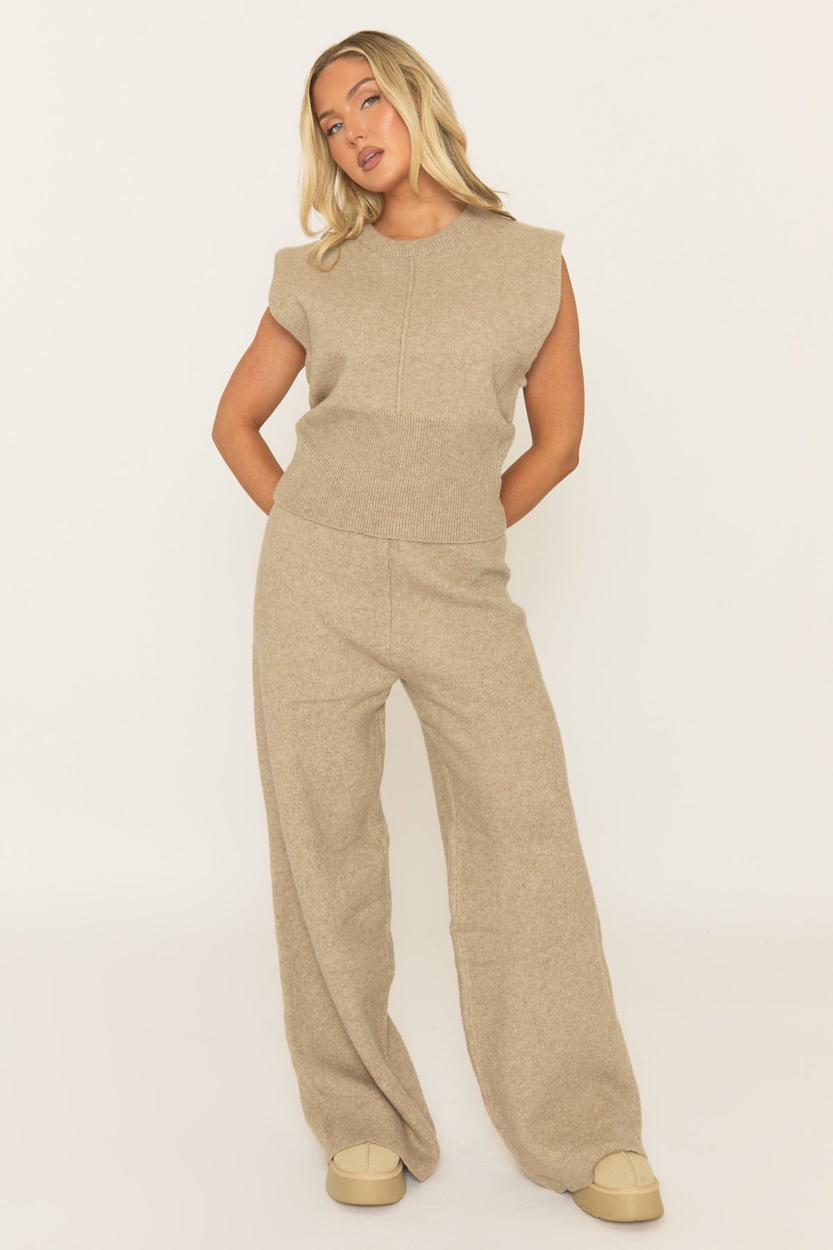 Beige Knitted Vest and Trouser Loungewear Co-ord Set - Aziel