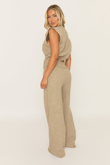 Beige Knitted Vest and Trouser Loungewear Co-ord Set - Aziel