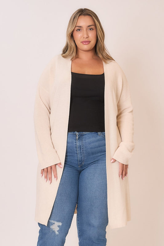 Curvy Knit Open Cardigan w/High Side Slits