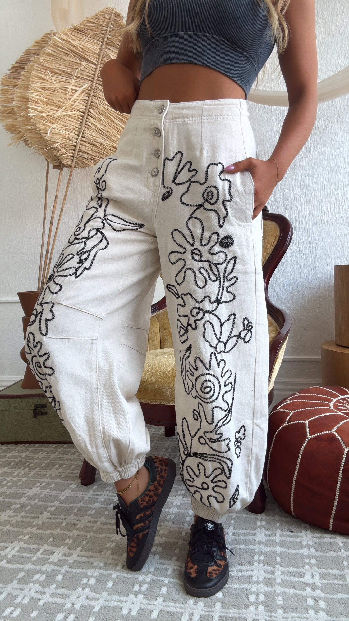For The Love Of Floral Embroidered Denim Jogger, Oatmilk