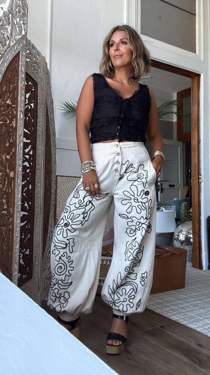 For The Love Of Floral Embroidered Denim Jogger, Oatmilk