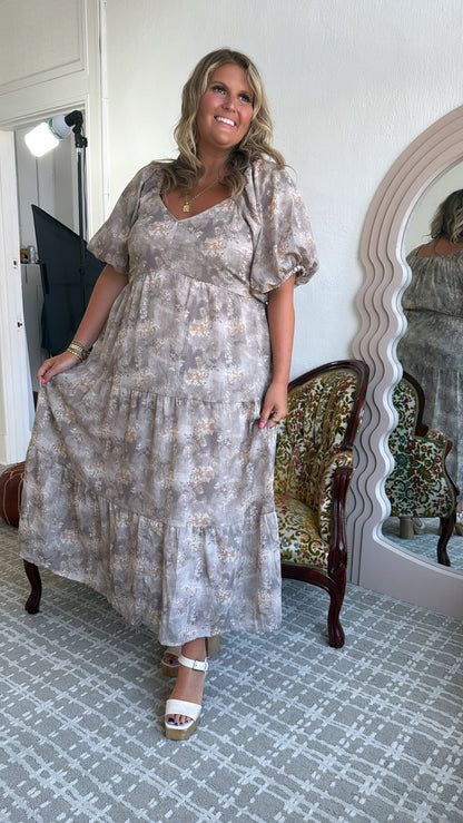 Granite Hues Whimsical Bubble Sleeve Maxi Dress, Taupe
