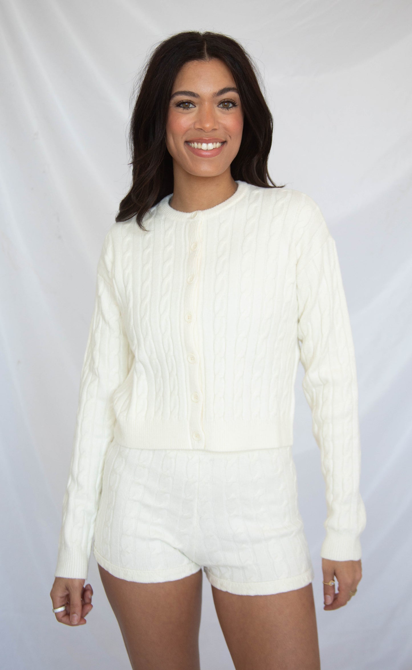 show me your mumu: throw on cardigan - snow cable knit
