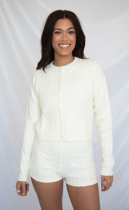 show me your mumu: throw on cardigan - snow cable knit