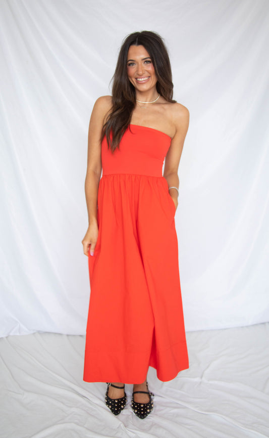 z supply: sunsought strapless midi dress - lychee