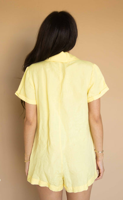 show me your mumu: bicoastal blazer romper - butter yellow linen