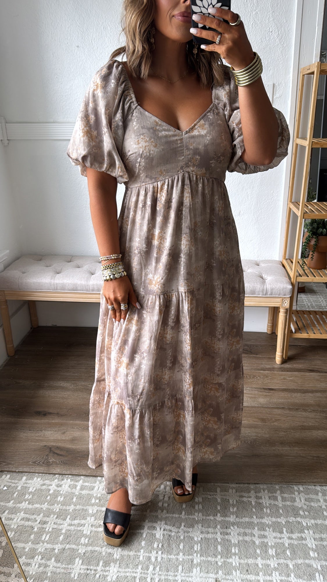 Granite Hues Whimsical Bubble Sleeve Maxi Dress, Taupe