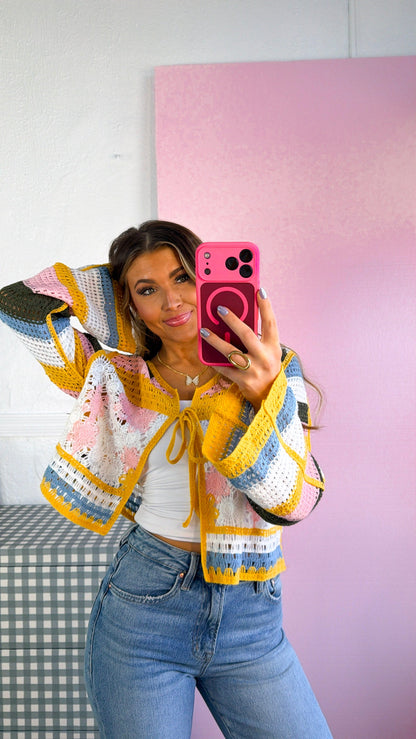 Ocean Stitch Knit Cardigan, Yellow Multi