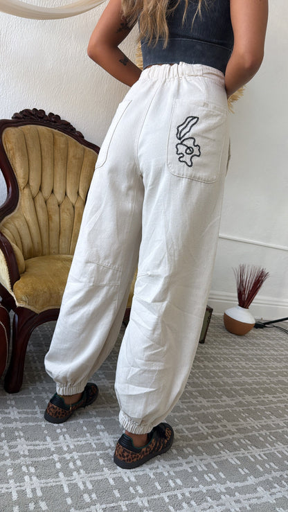 For The Love Of Floral Embroidered Denim Jogger, Oatmilk