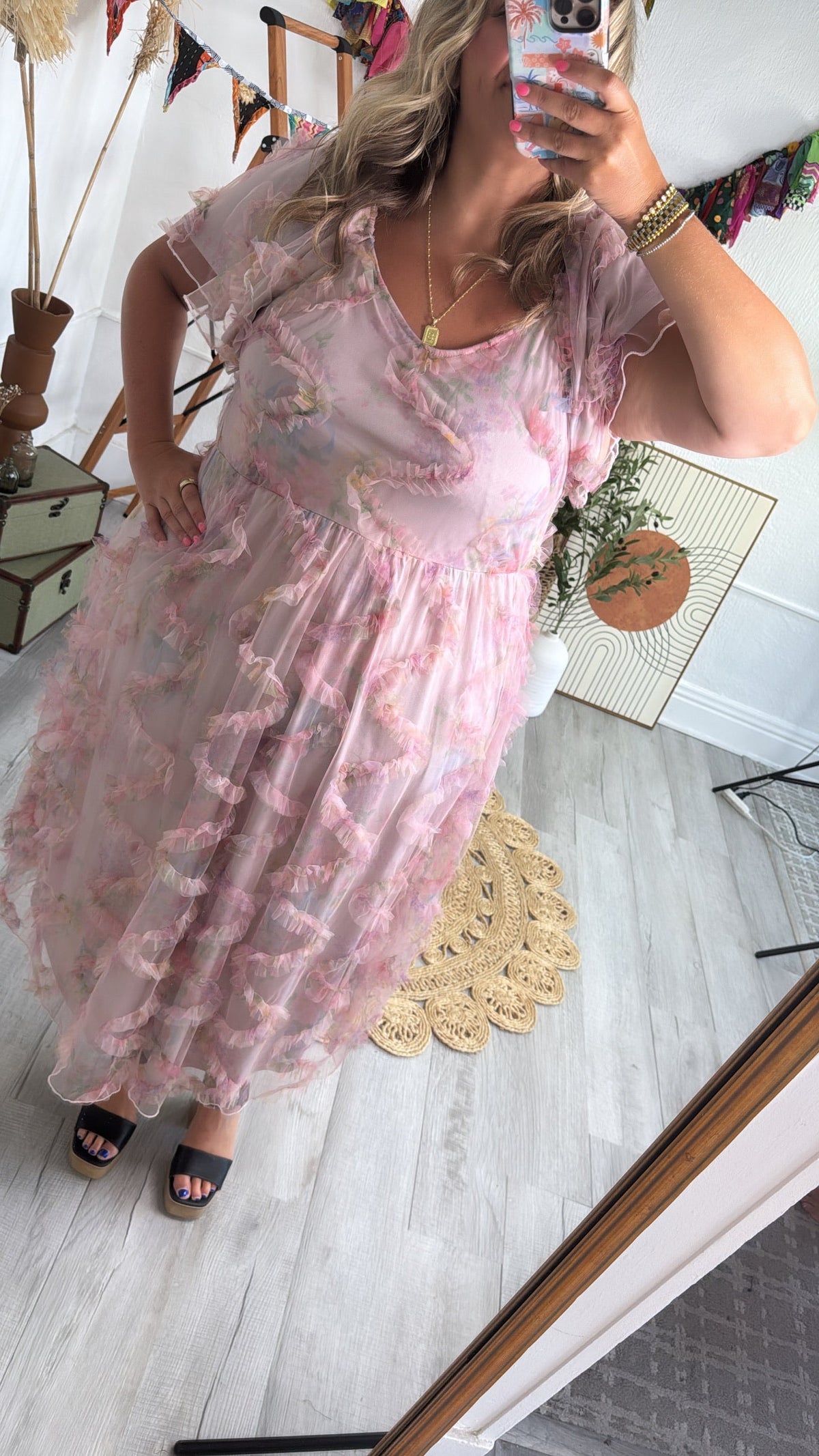 Floral Tulle Maxi Dress, Pink