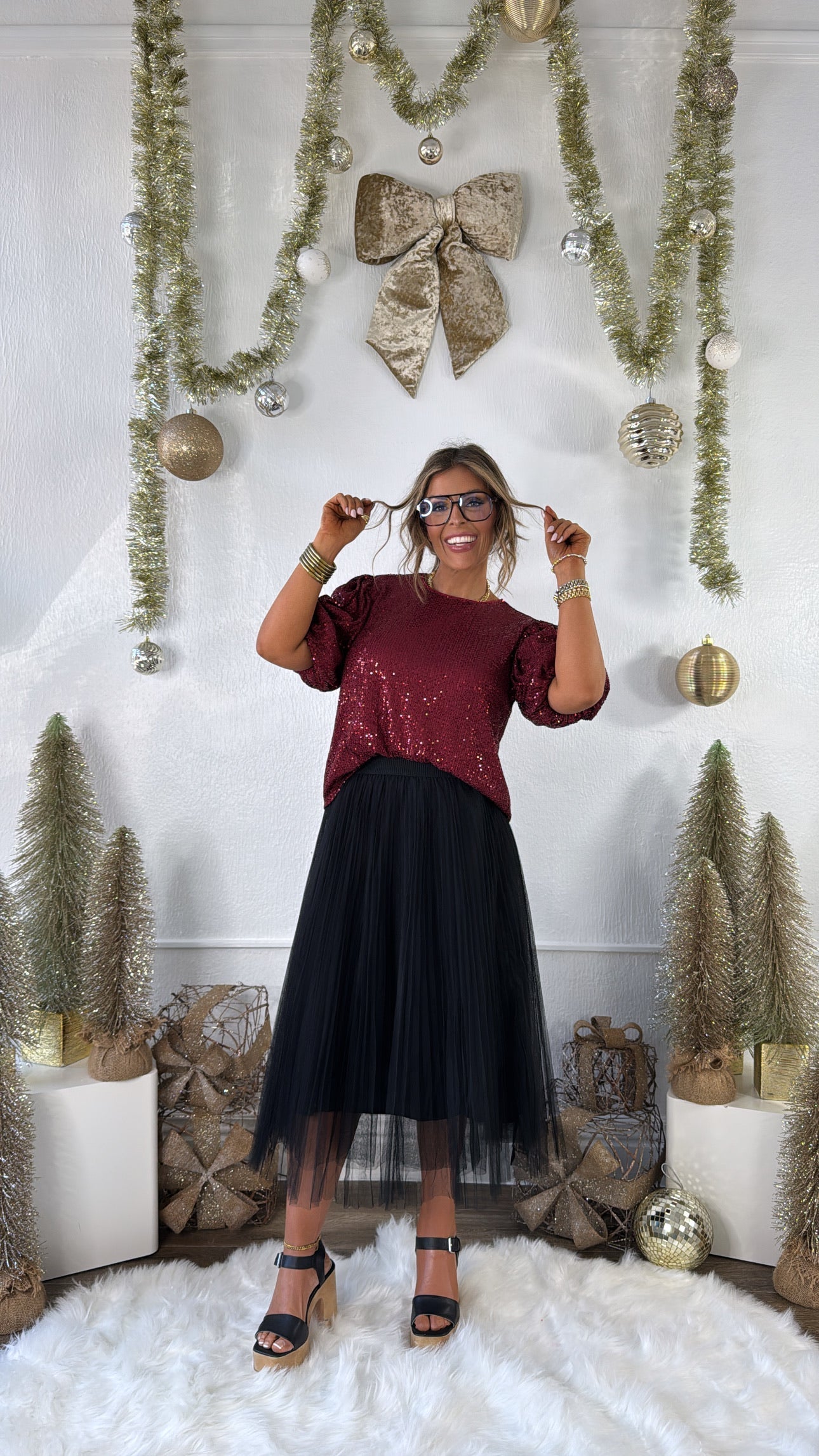 Holiday Cheer Puff Sleeve Sequin Top, Red