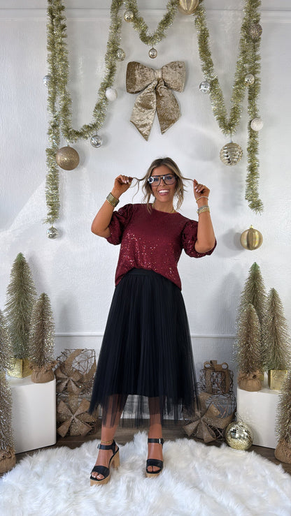 Holiday Cheer Puff Sleeve Sequin Top, Red