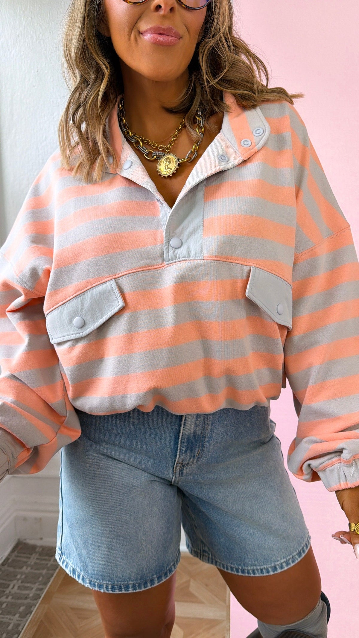 Petal Pop Striped Top, Grey/Salmon