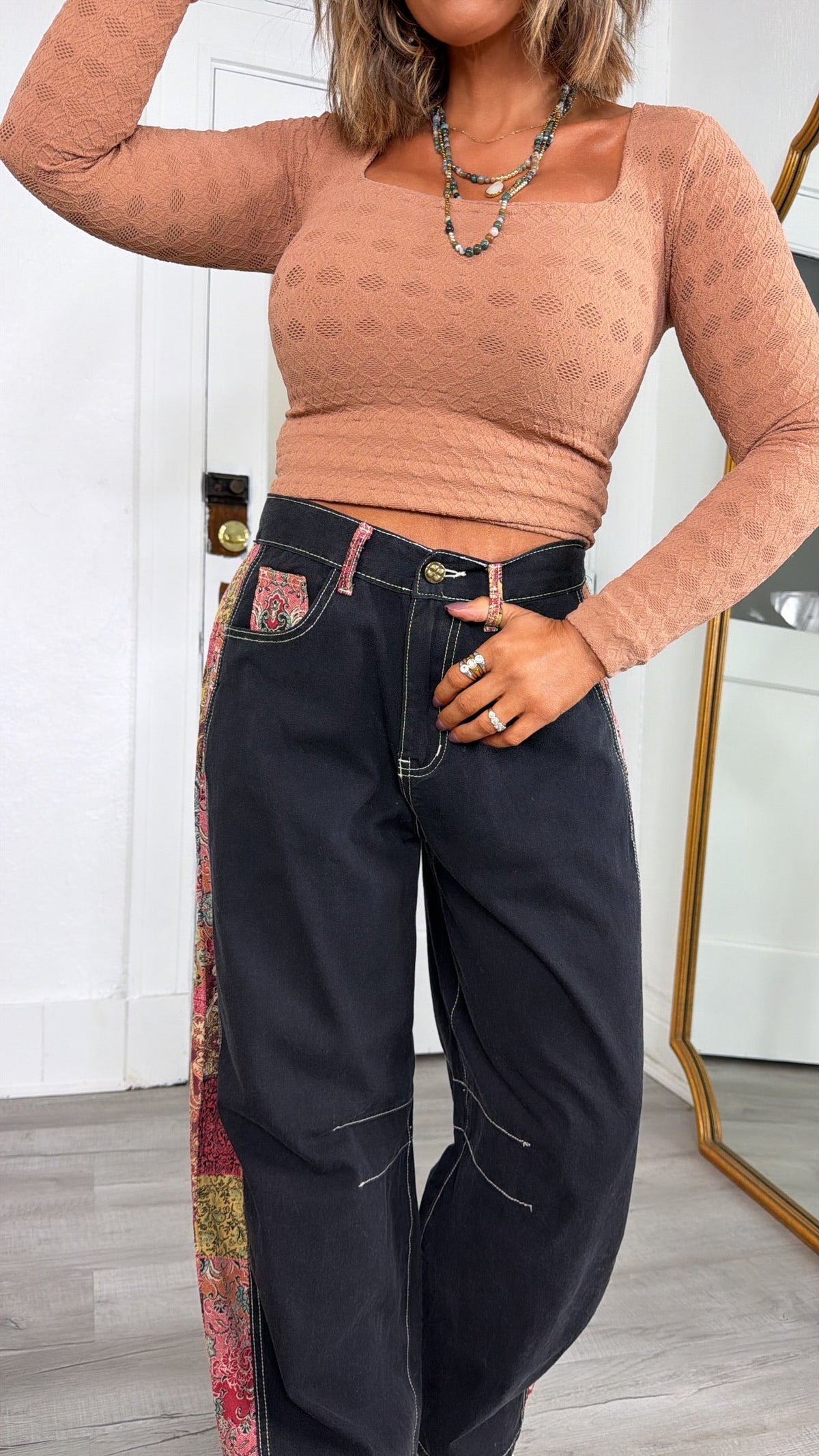 Lace Texture Square Neck Top, Mocha Muse
