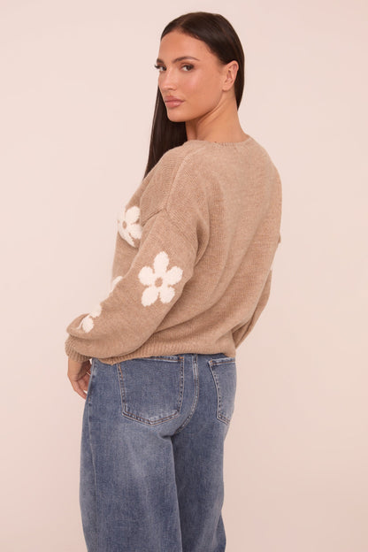 Beige Floral Button Up Front Long Sleeves Cardigan - Poppy