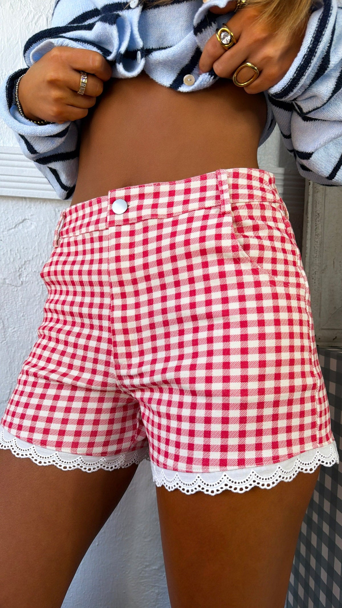 Little Gingham Denim Shorts, Cream/Red