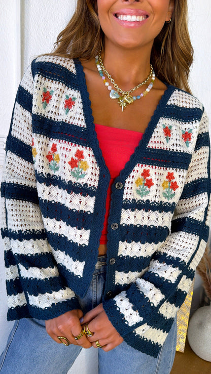 Flower Sprout Knit Cardigan, Navy Multi