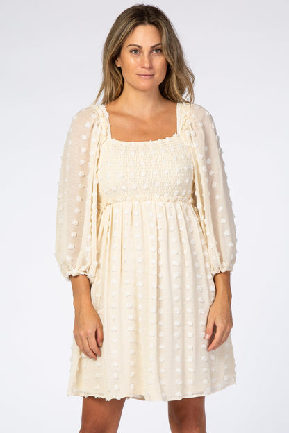 Beige Textured Dot Smocked Square Neck Chiffon Dress