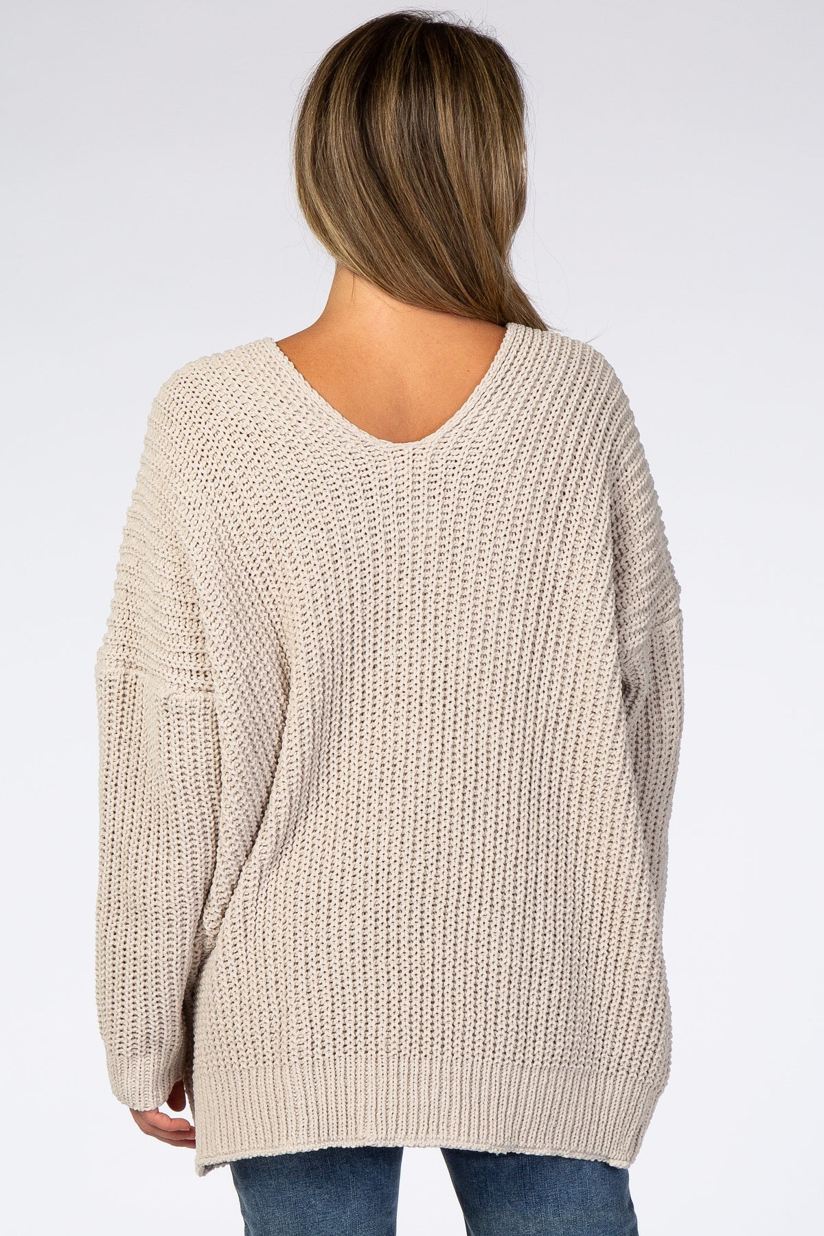 Beige Soft Knit V-Neck Sweater