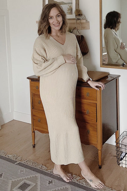 Beige V-Neck Ribbed Maternity Sweater Dress