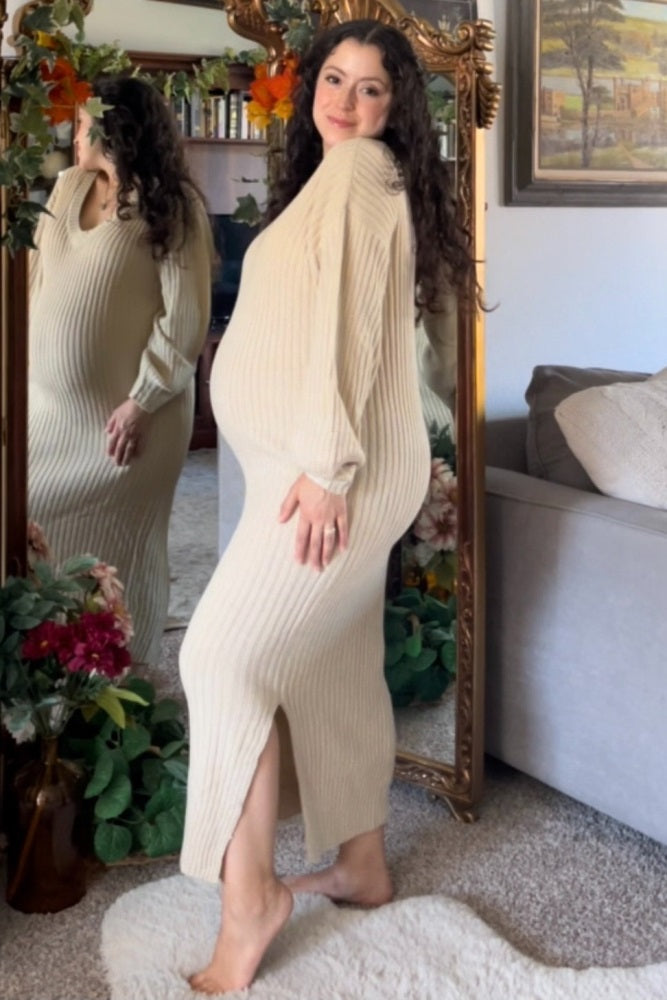 Beige V-Neck Ribbed Maternity Sweater Dress