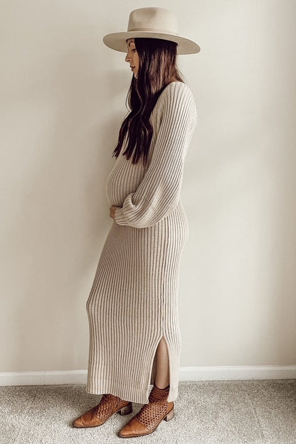Beige Side Slit Maternity Maxi Sweater Dress