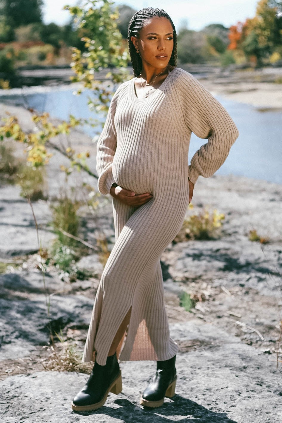 Beige Side Slit Maternity Maxi Sweater Dress