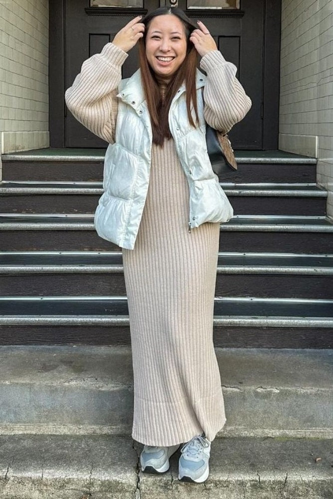 Beige Side Slit Maxi Sweater Dress