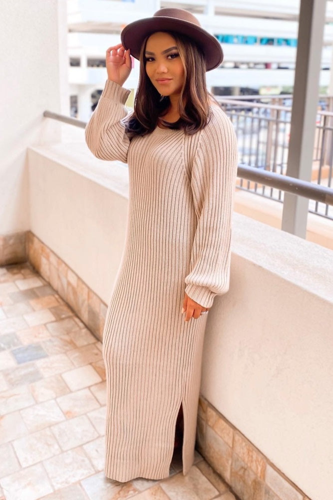 Beige Side Slit Maxi Sweater Dress