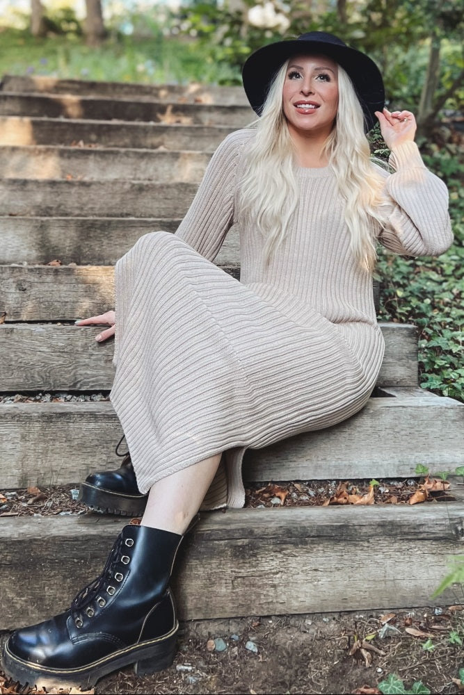 Beige Side Slit Maxi Sweater Dress