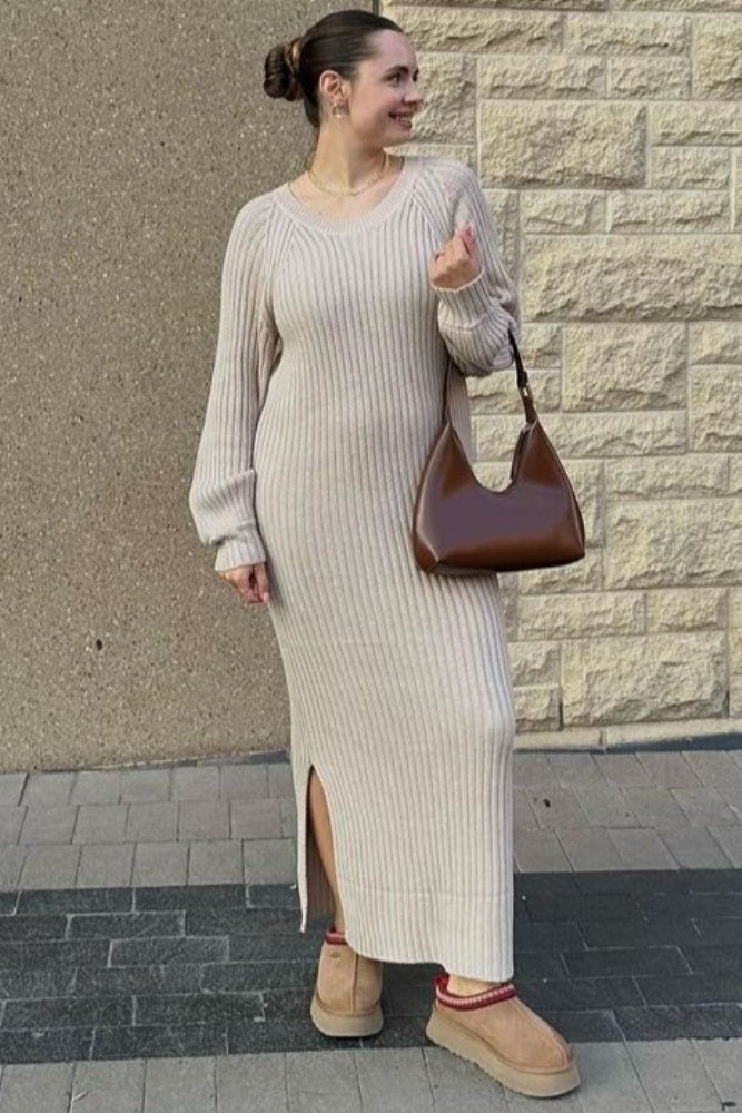 Beige Side Slit Maxi Sweater Dress