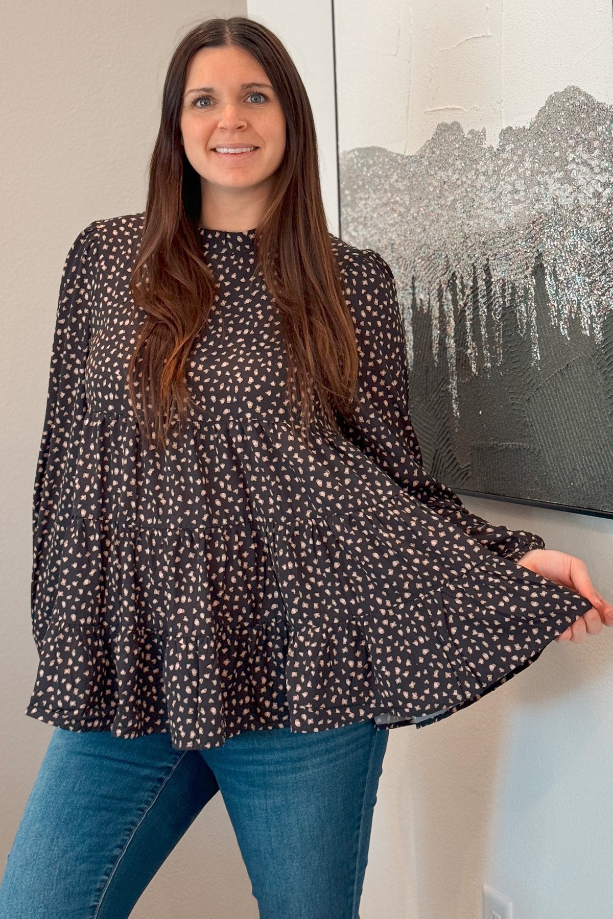 Black Animal Print Mock Neck Tiered Top