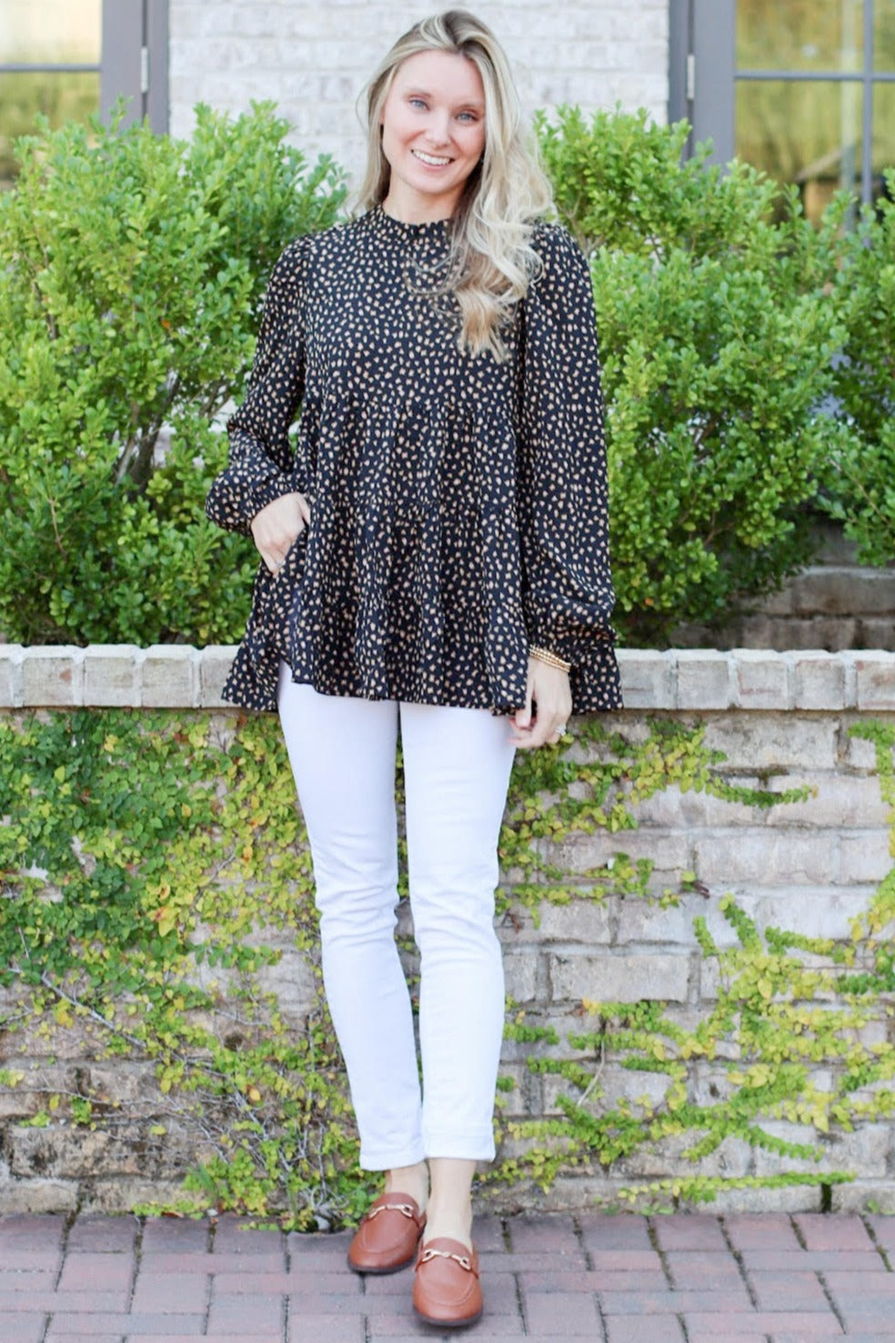 Black Animal Print Mock Neck Tiered Top