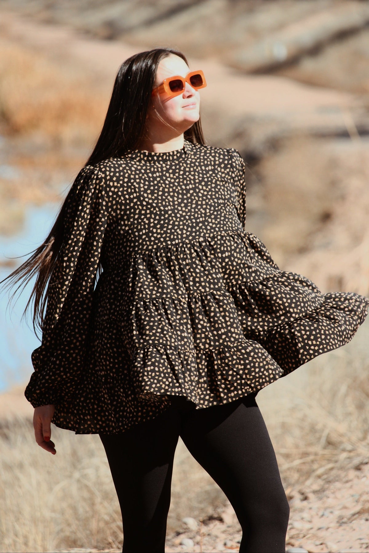 Black Animal Print Mock Neck Tiered Top
