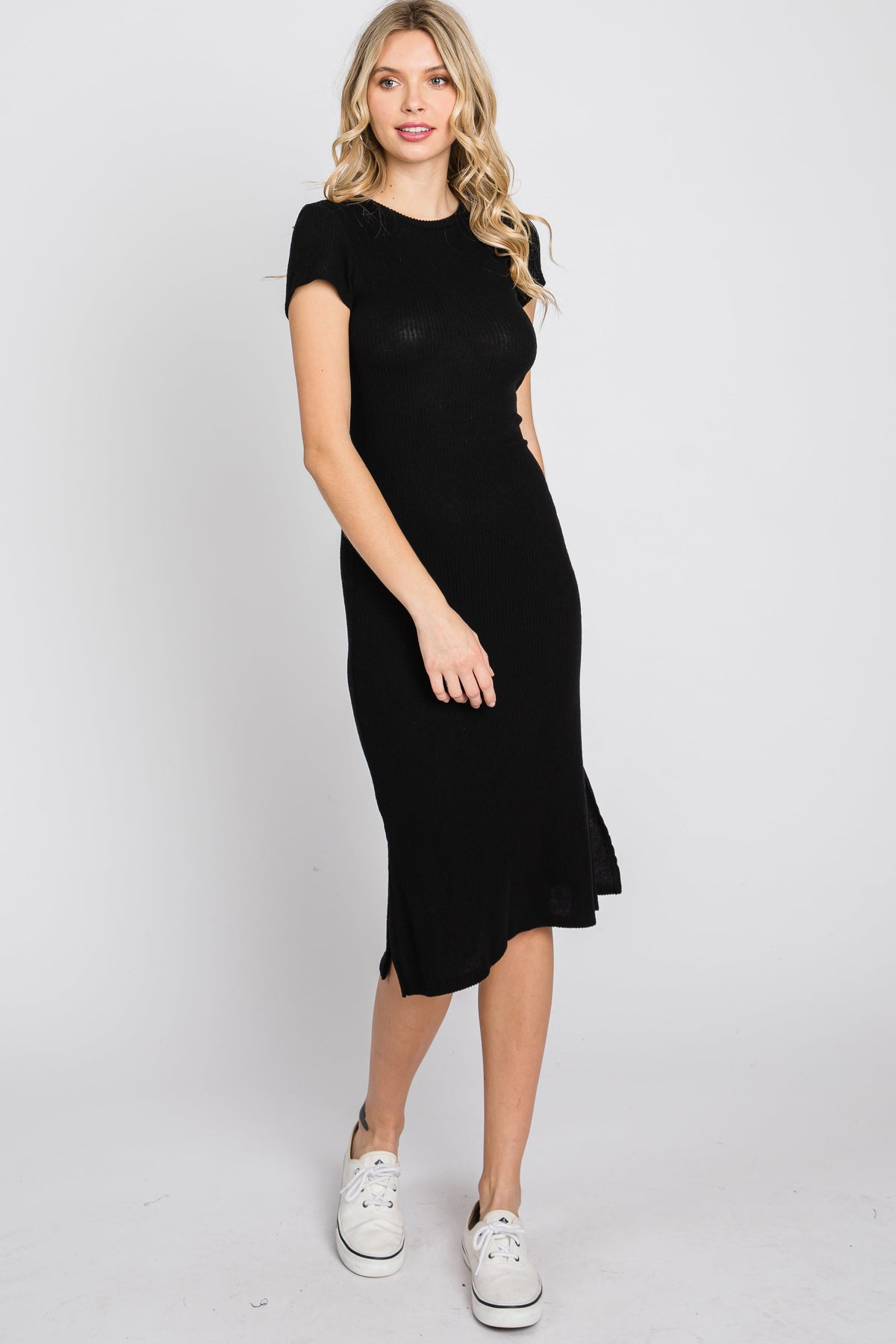 Black Brushed Ribbed Midi Dress