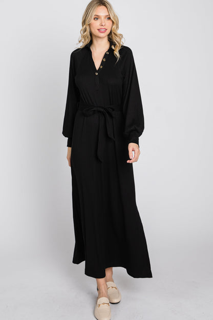 Black Button Accent Collared Maxi Dress