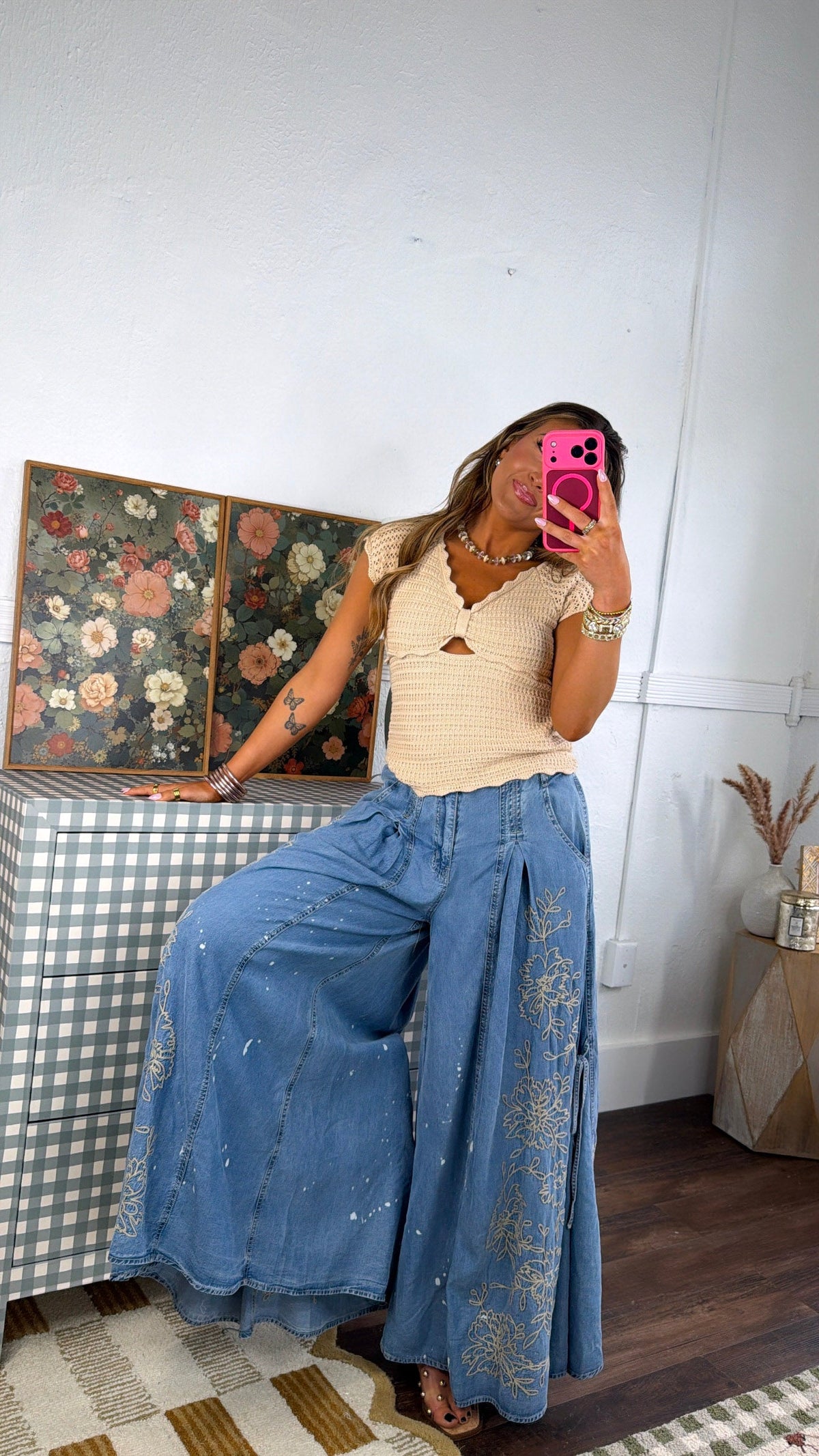 Floral Detail Wide Leg Pants, Denim