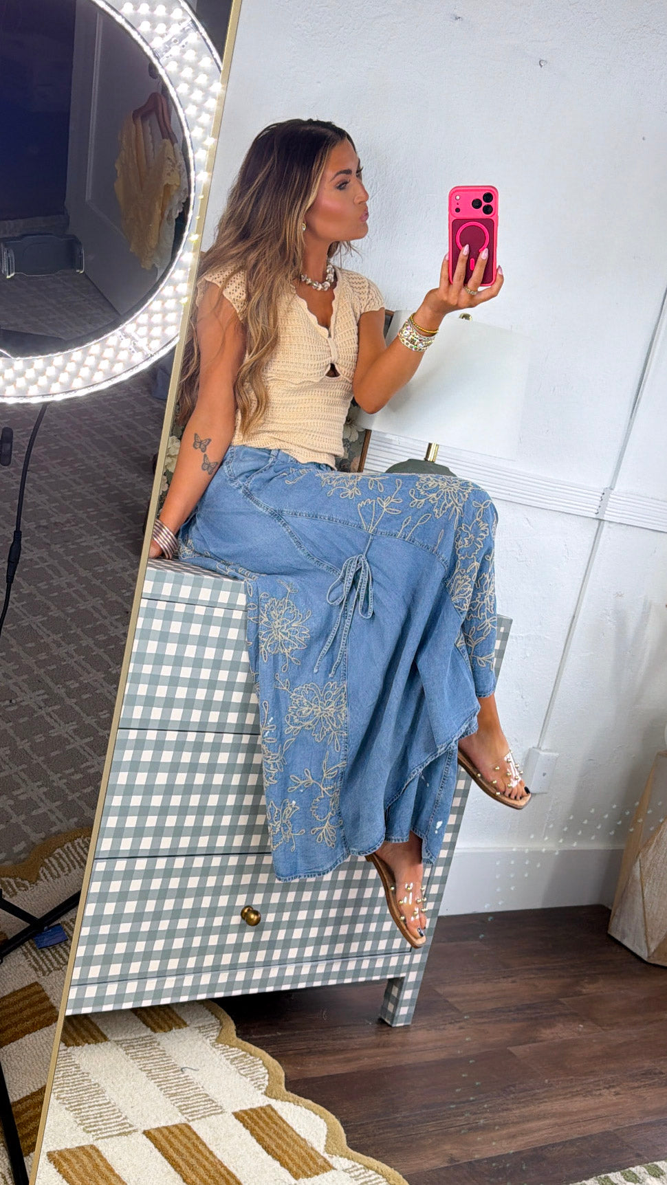 Floral Detail Wide Leg Pants, Denim