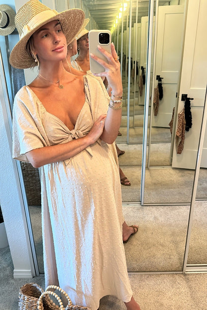 Beige Textured Dot Front Tie Ruffle Sleeve Maternity Midi Dress
