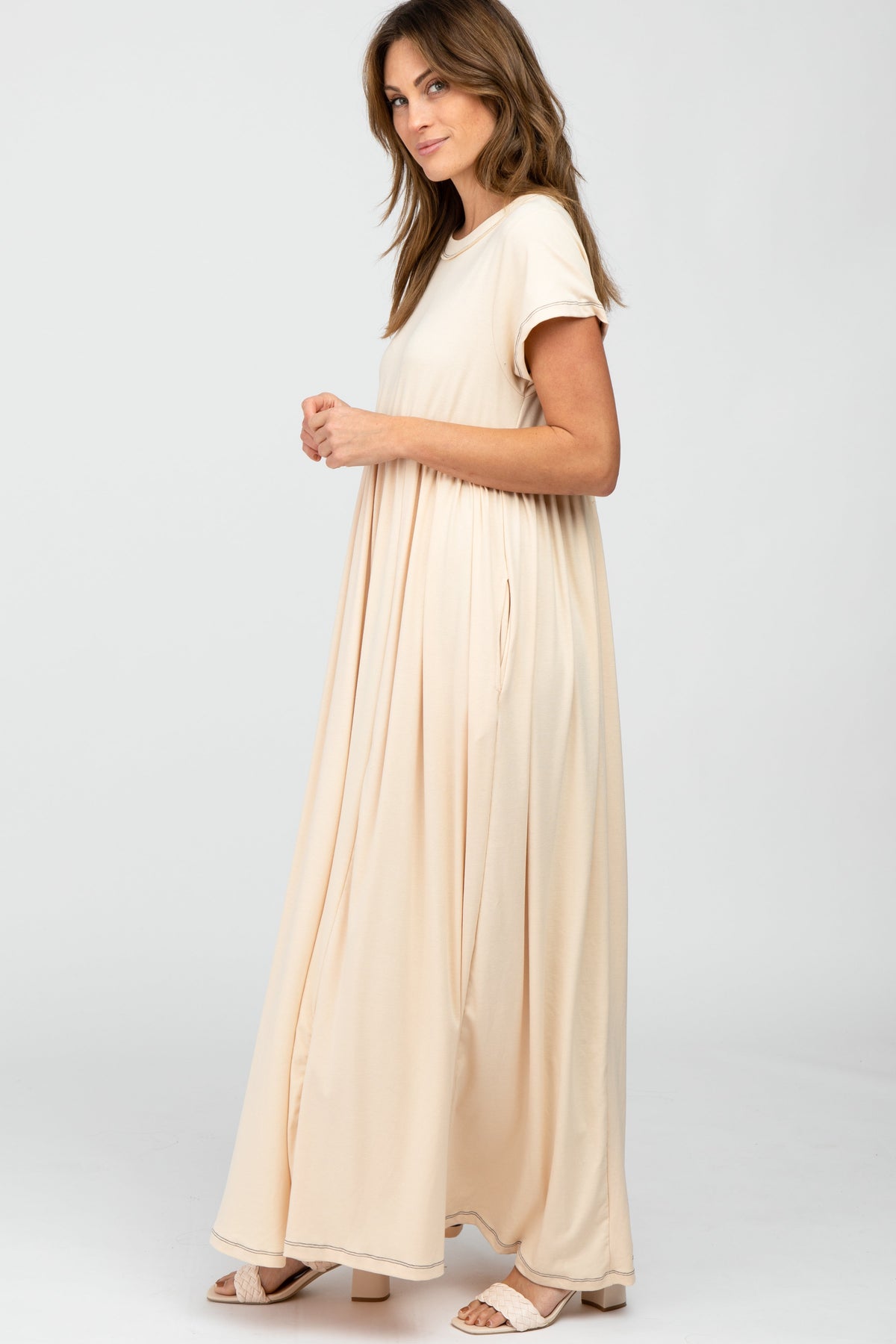Beige Short Sleeve Babydoll Maxi Dress