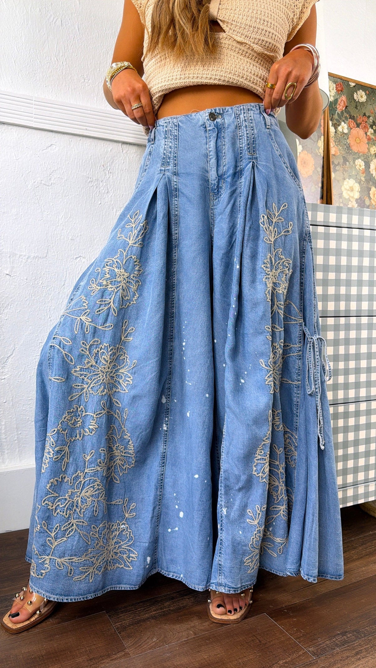 Floral Detail Wide Leg Pants, Denim