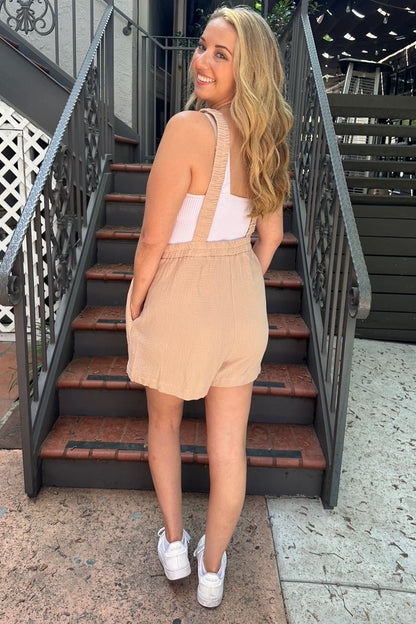 Beige Square Neck Elastic Strap Romper