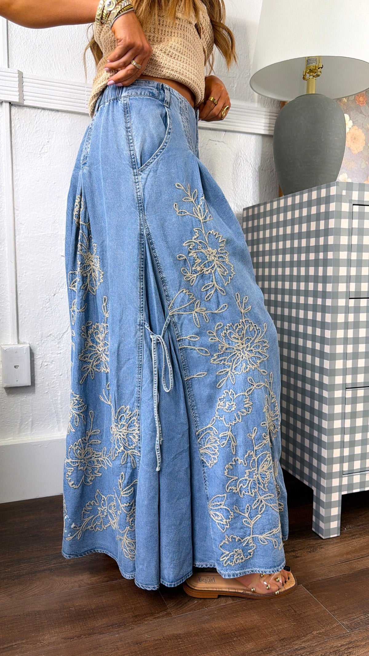 Floral Detail Wide Leg Pants, Denim