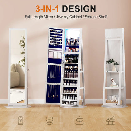 🪞360° Rotating LED Lockable Jewelry Cabinet, Modern Wood Mirror Organizer