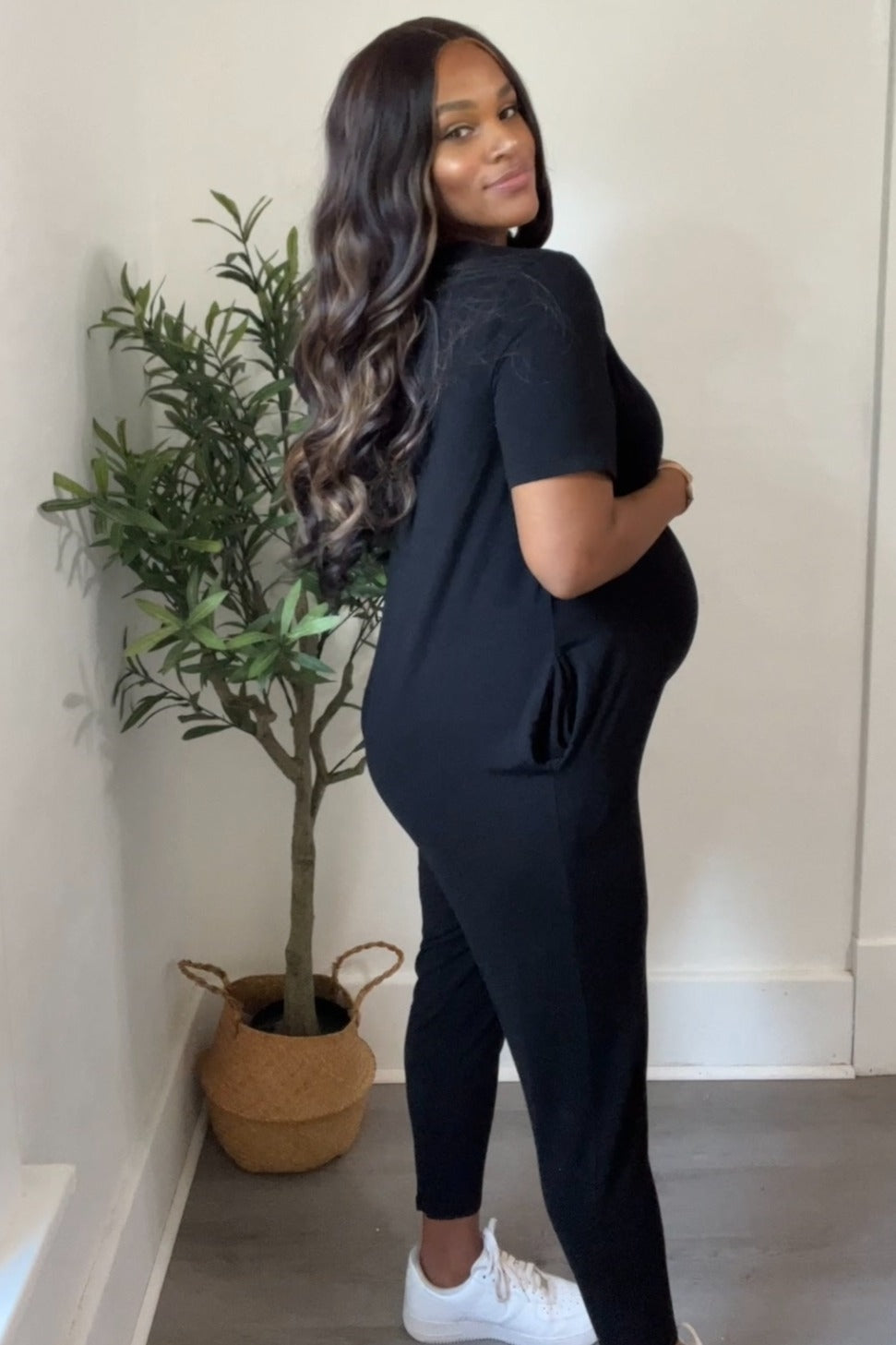 Black Basic Short Sleeve Maternity Jumpsuit