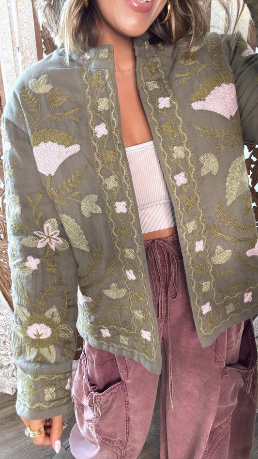 Flourish Floral Printed Jacket, Olive/Blush